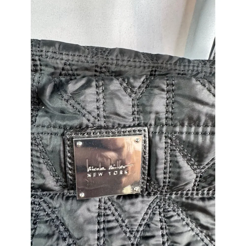 Nicole Miller New York Black Quilted Tote Bag Animal Print Lining Shoulder
